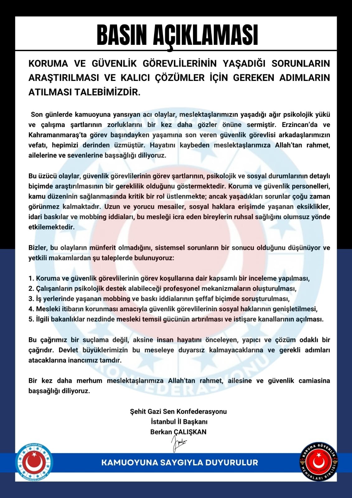 Koruma ve Güvenlik Görevlilerinin sorunları gündemde: Şehit Gazi Sen Konfederasyonundan Çağrı