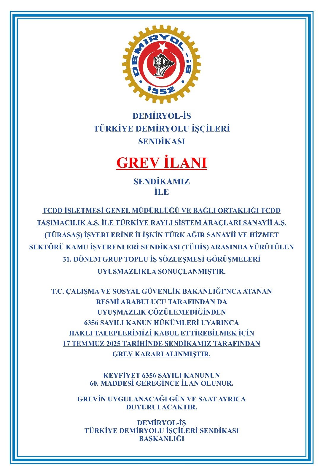 Demiryol-İş Sendikası Grev Kararı Aldı!