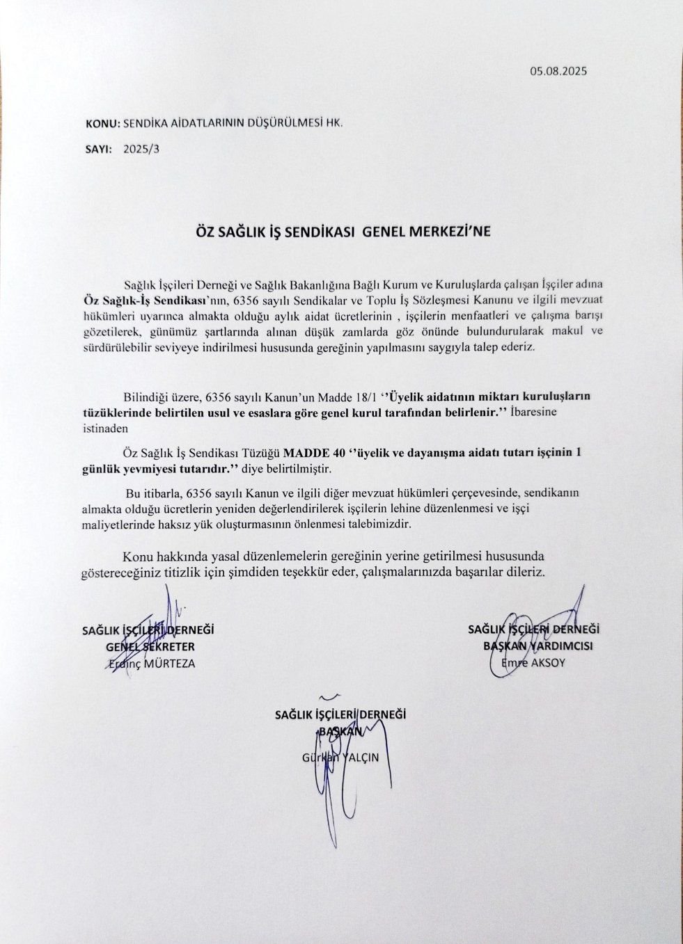 Öz Sağlık İş Sendikası’dan  aidatların düşürülmesi talep edildi