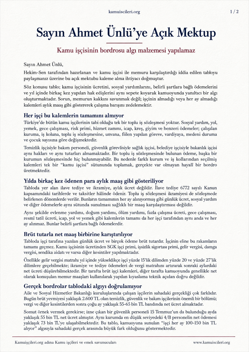 Kamu İşçilerinden Ahmet Ünlü’ye Cevap Veren Açık Mektup…