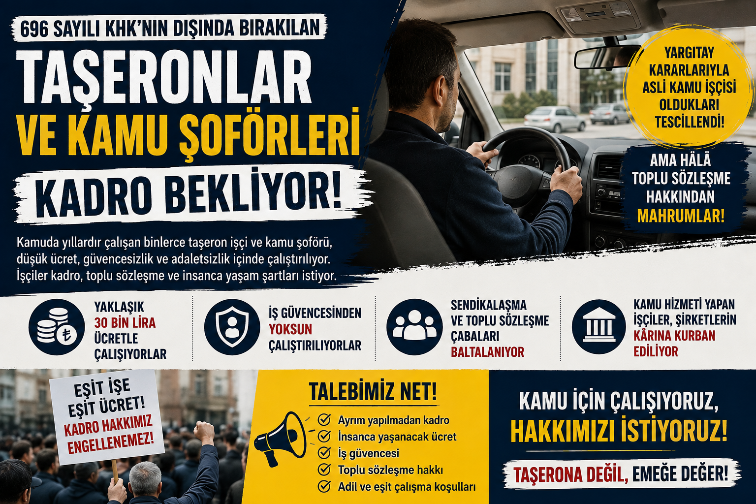 696 Sayılı KHK’nin Dışında Bırakılan Taşeronlar ve Kamu Şoförleri Kadro Bekliyor